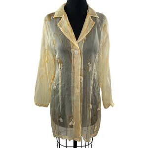 VTG Austin Reed Yellow Floral Sheer Silk Long Sleeve Collar Cardigan Top Midi 8